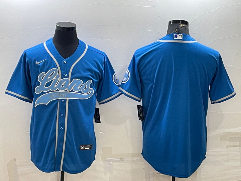 Men's Detroit Lions Blank Blue With Patch Cool Base Stitched Baseball Jersey